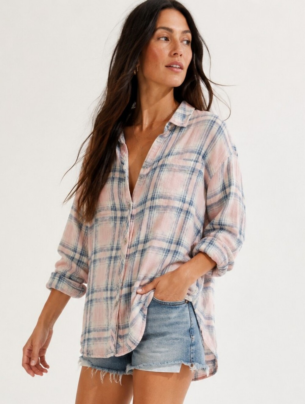 Cloth & Stone Pink Blue Plaid Cotton Button Down Shirt Large